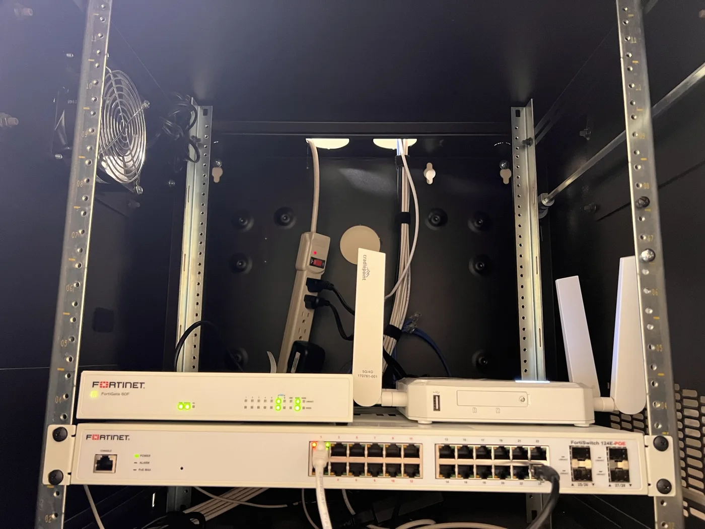 Network cabinet with firewall and access point, neatly installed