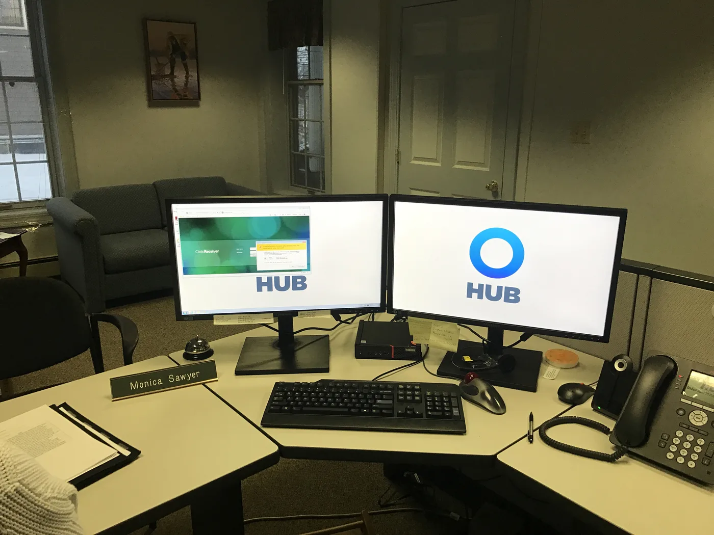 Office workstation setup with dual monitors