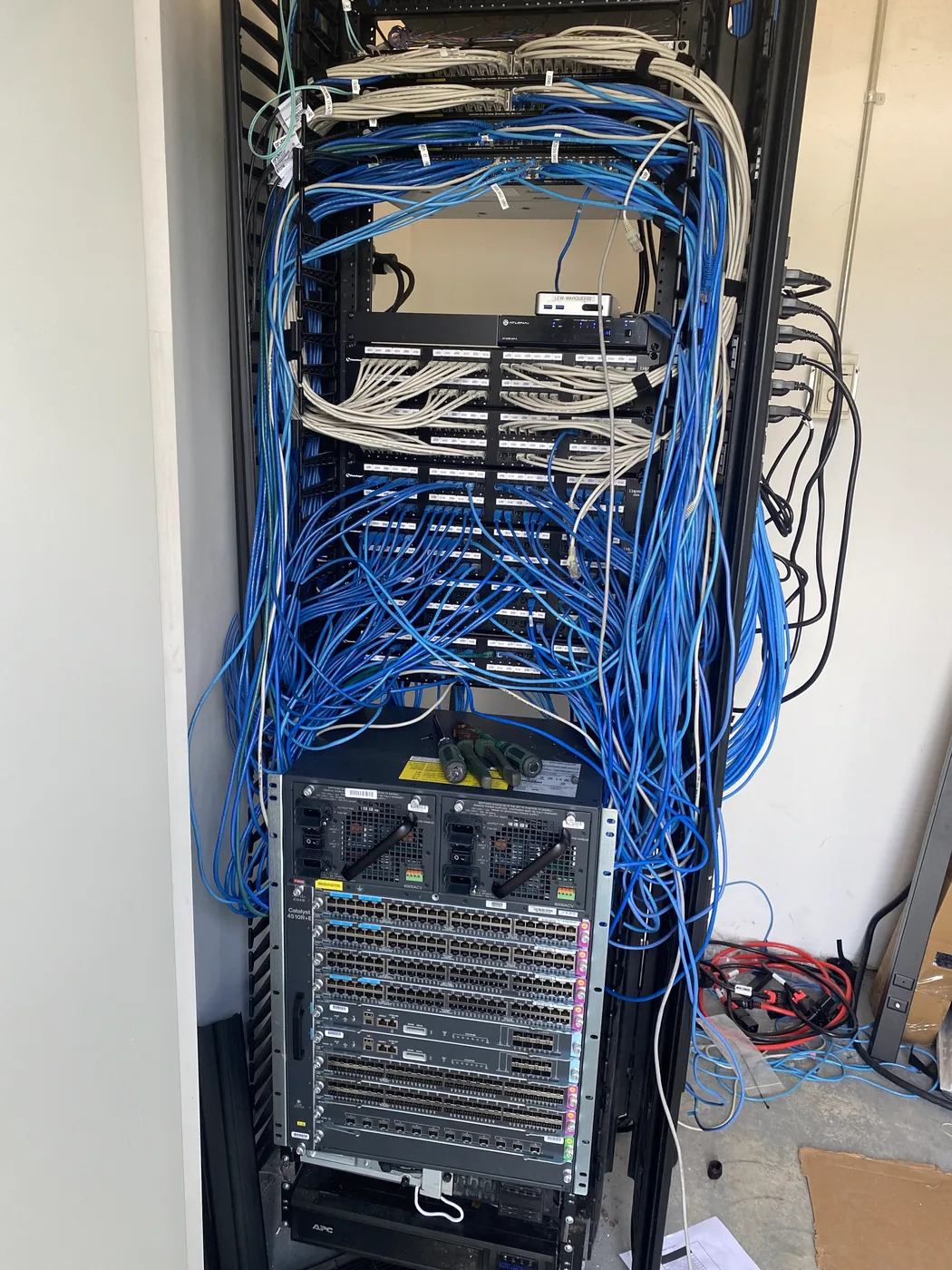 Network rack cabling before dressing — Sovun Technologies Maine